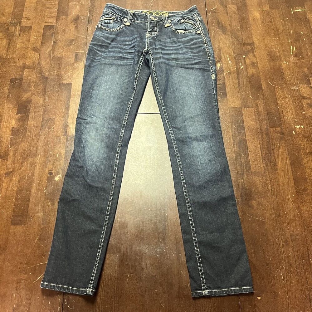 COOGI JEANS 3/4 Authentic Women's Straight Pants Denim Blue Jeans‎ Studded 29x33